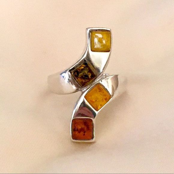 VINTAGE Amber Sterling Silver Bypass Ring Sz 9-1/2 - Picture 2 of 9